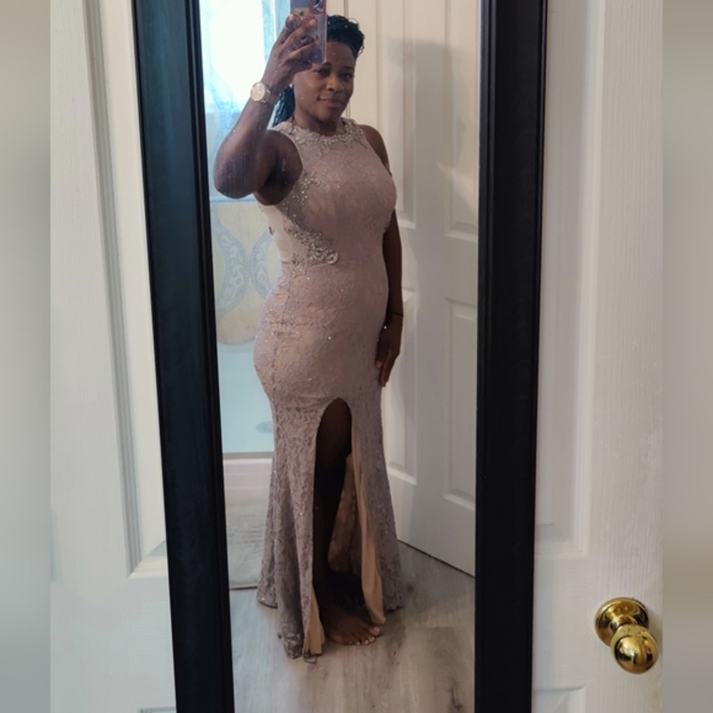 Gray & Nude Applique Sleeveless Maxi Formal Dress W Rhinestone Details